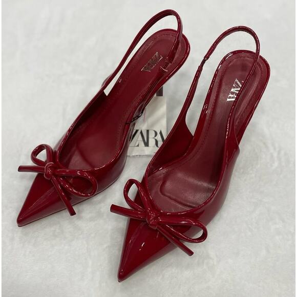 ZARA Patent Pointed Toe Slingback Heels NWT – Red Bow Pumps, Size 6.5–10 - Picture 12 of 16